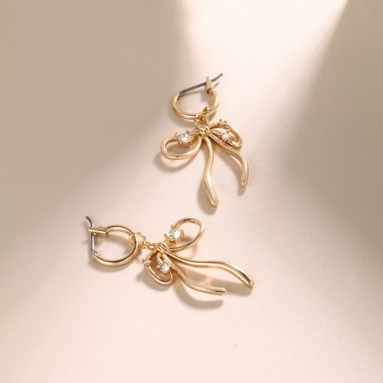 Picture of Wholesale Exquisite Stylish Hoop Earrings, Bowknot Clear Cubic Zirconia 18K Gold Plated Brass, Women's Eco-friendly Gift Jewelry Supply, 40mm x 20mm, 1 Pair