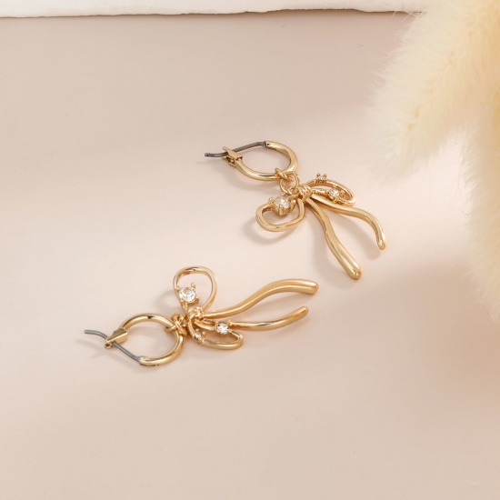 Picture of Wholesale Exquisite Stylish Hoop Earrings, Bowknot Clear Cubic Zirconia 18K Gold Plated Brass, Women's Eco-friendly Gift Jewelry Supply, 40mm x 20mm, 1 Pair