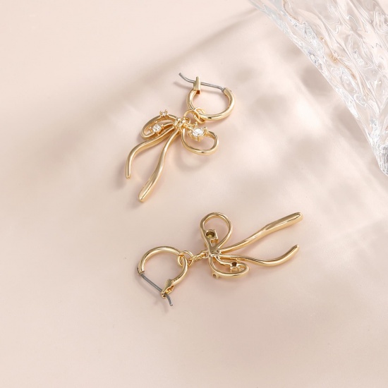 Picture of Wholesale Exquisite Stylish Hoop Earrings, Bowknot Clear Cubic Zirconia 18K Gold Plated Brass, Women's Eco-friendly Gift Jewelry Supply, 40mm x 20mm, 1 Pair