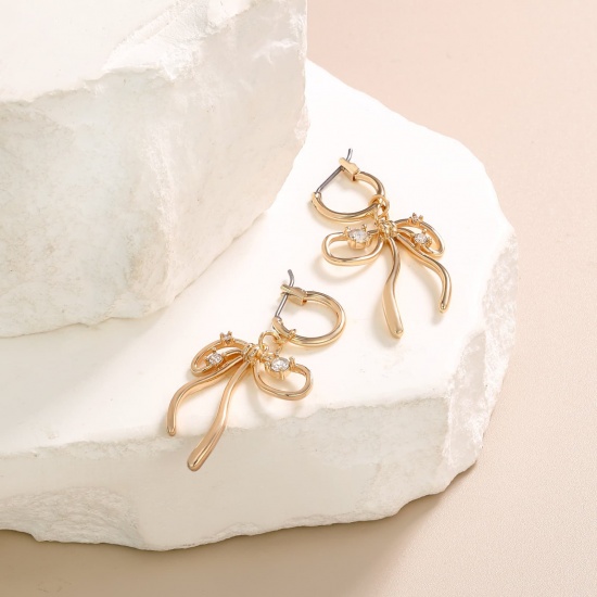 Picture of Wholesale Exquisite Stylish Hoop Earrings, Bowknot Clear Cubic Zirconia 18K Gold Plated Brass, Women's Eco-friendly Gift Jewelry Supply, 40mm x 20mm, 1 Pair