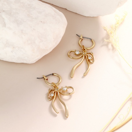 Picture of Wholesale Exquisite Stylish Hoop Earrings, Bowknot Clear Cubic Zirconia 18K Gold Plated Brass, Women's Eco-friendly Gift Jewelry Supply, 40mm x 20mm, 1 Pair