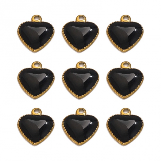 Picture of 10 PCs 304 Stainless Steel Charms 18K Gold Plated Black Heart Enamel 10mm x 8mm