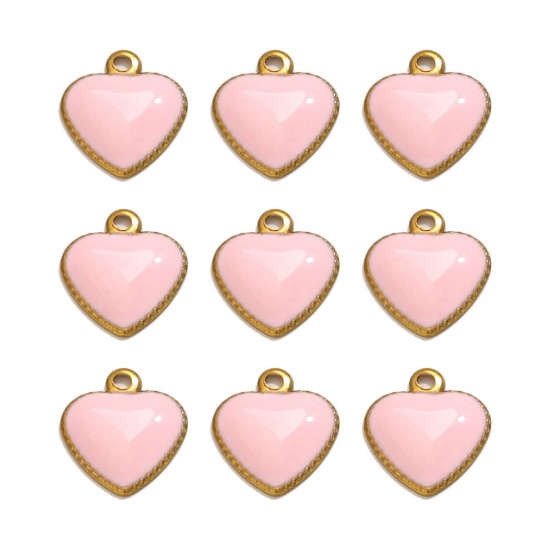 Picture of 10 PCs 304 Stainless Steel Charms 18K Gold Plated Pink Heart Enamel 10mm x 8mm