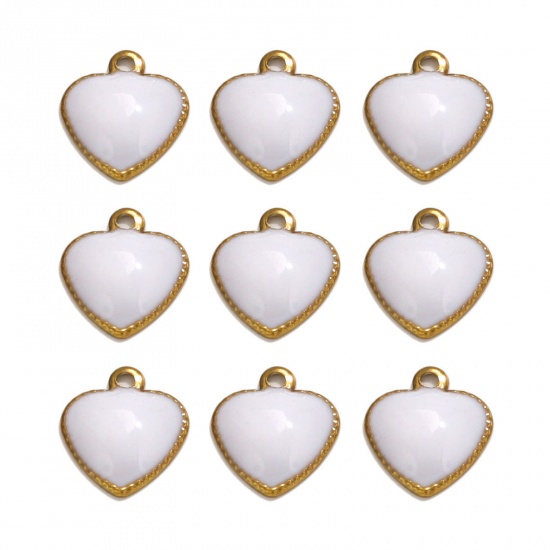 Picture of 10 PCs 304 Stainless Steel Charms 18K Gold Plated White Heart Enamel 10mm x 8mm