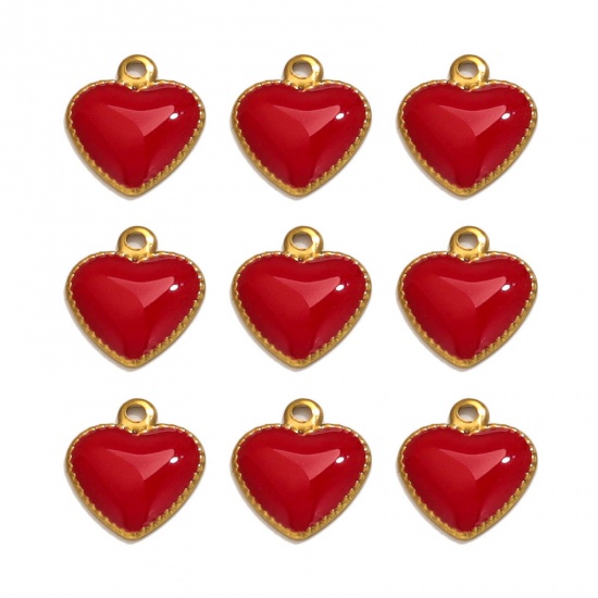 Picture of 10 PCs 304 Stainless Steel Charms 18K Gold Plated Red Heart Enamel 10mm x 8mm