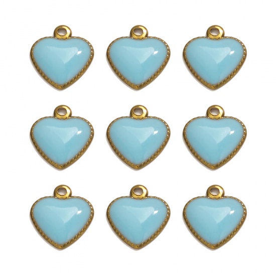 Picture of 10 PCs 304 Stainless Steel Charms 18K Gold Plated Blue Heart Enamel 10mm x 8mm