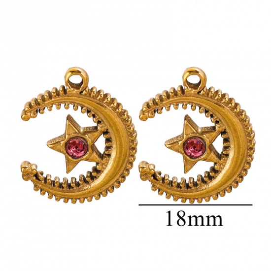 Picture of 1 Piece 304 Stainless Steel Charms 18K Gold Color Star And Crescent Pink Rhinestone 22mm x 18mm