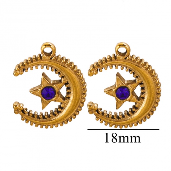 Picture of 1 Piece 304 Stainless Steel Charms 18K Gold Color Star And Crescent Royal Blue Rhinestone 22mm x 18mm