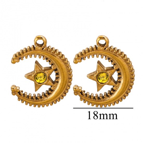 Picture of 1 Piece 304 Stainless Steel Charms 18K Gold Color Star And Crescent Yellow Rhinestone 22mm x 18mm