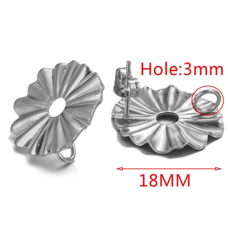 Picture of 10 PCs 304 Stainless Steel Ear Post Stud Earring With Loop Connector Accessories Round Silver Tone Embossing With Stoppers 18mm Dia., Post/ Wire Size: (20 gauge)