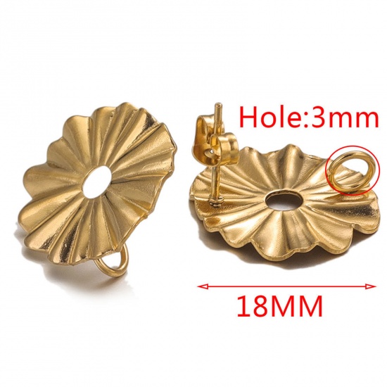 Picture of 10 PCs 304 Stainless Steel Ear Post Stud Earring With Loop Connector Accessories Round 18K Gold Color Embossing With Stoppers 18mm Dia., Post/ Wire Size: (20 gauge)