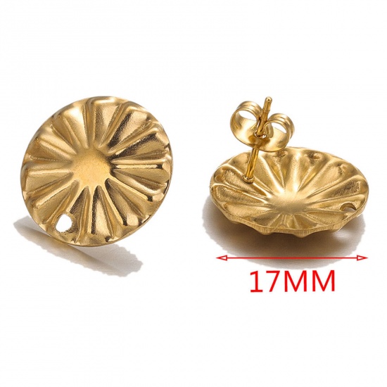 Picture of 10 PCs 304 Stainless Steel Ear Post Stud Earring With Loop Connector Accessories 18K Gold Color Embossing With Stoppers 17mm Dia., Post/ Wire Size: (20 gauge)