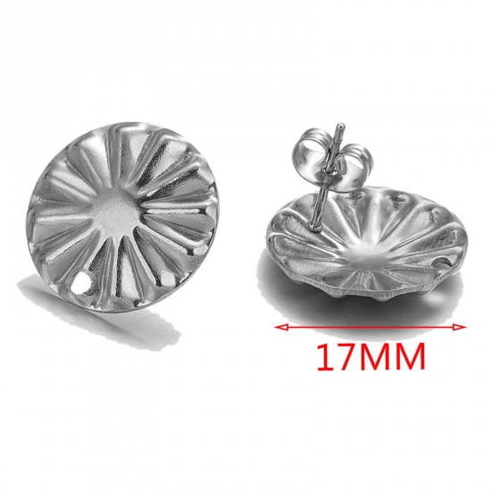 Picture of 10 PCs 304 Stainless Steel Ear Post Stud Earring With Loop Connector Accessories Round Silver Tone Embossing With Stoppers 17mm Dia., Post/ Wire Size: (20 gauge)