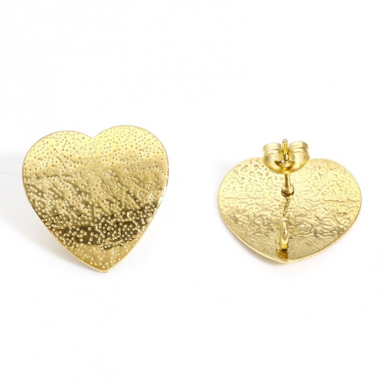 Picture of 10 PCs 304 Stainless Steel Ear Post Stud Earring With Loop Connector Accessories Heart 18K Gold Color Texture With Stoppers 20mm x 20mm, Post/ Wire Size: (20 gauge)
