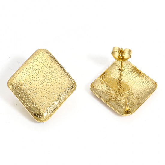 Picture of 10 PCs 304 Stainless Steel Ear Post Stud Earring With Loop Connector Accessories Rhombus 18K Gold Color Texture With Stoppers 25mm x 22mm, Post/ Wire Size: (20 gauge)