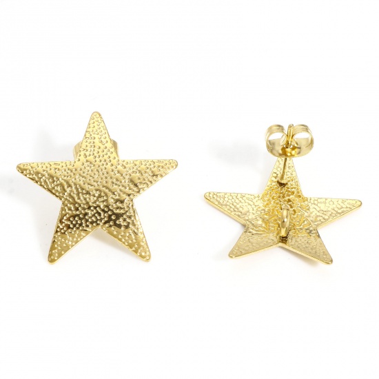 Picture of 10 PCs 304 Stainless Steel Ear Post Stud Earring With Loop Connector Accessories Pentagram Star 18K Gold Color Texture With Stoppers 22mm x 21mm, Post/ Wire Size: (20 gauge)