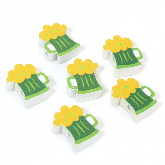 Picture of 10 PCs Wood St Patrick's Day Spacer Beads For DIY Jewelry Making Beer Mug Green About 25mm x 19mm, Hole: Approx 2.5mm