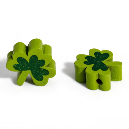 Picture of 10 PCs Wood St Patrick's Day Spacer Beads For DIY Jewelry Making Round Green About 20mm x 20mm, Hole: Approx 2.5mm