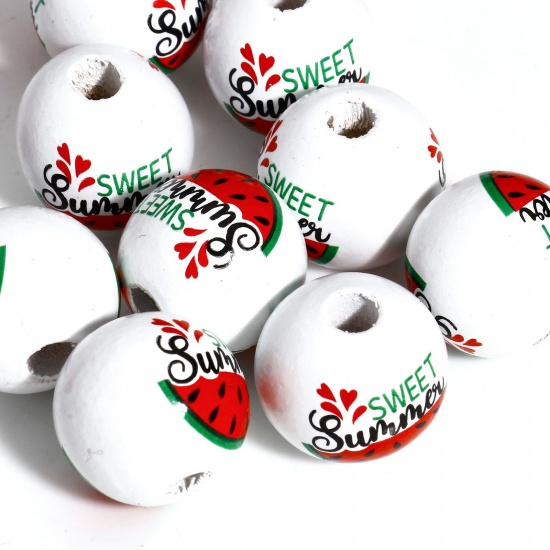 Bild von 20 Stück Holz Zwischenperlen Spacer Perlen für die Herstellung von DIY-Charme-Schmuck Rund Weiß Wassermelone Muster, Message " Summer " ca. 16mm D., Loch: ca. 3.4mm