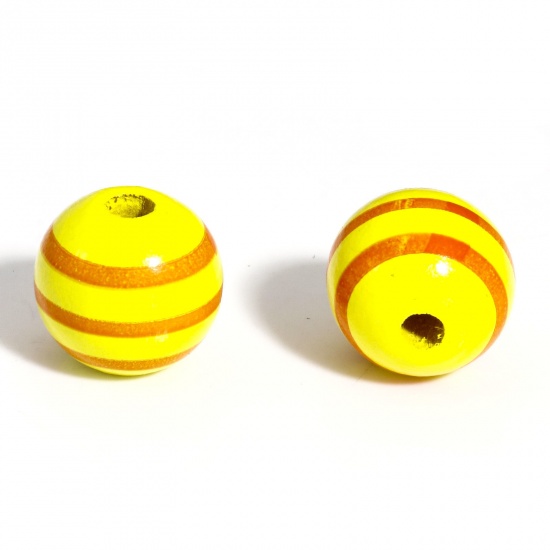 Bild von 10 Stück Holz Zwischenperlen Spacer Perlen für die Herstellung von DIY-Charme-Schmuck Rund Gelb Streifen Muster, ca. 16mm D., Loch: ca. 3.4mm