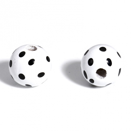 Bild von 10 Stück Holz Zwischenperlen Spacer Perlen für die Herstellung von DIY-Charme-Schmuck Rund Weiß Punkt Muster, ca. 16mm D., Loch: ca. 3.4mm