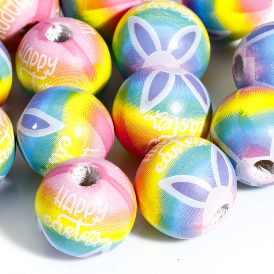 Picture of 20 PCs Wood Easter Day Spacer Beads For DIY Charm Jewelry Making Round Multicolor Ear About 16mm Dia., Hole: Approx 3.4mm
