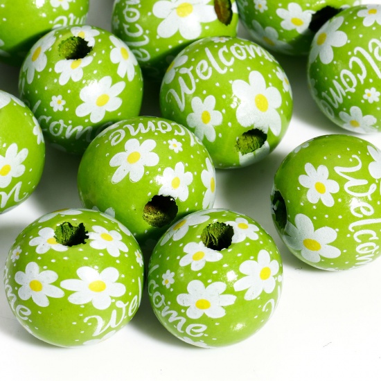 Picture of 20 PCs Wood Easter Day Spacer Beads For DIY Charm Jewelry Making Round Green Flower About 16mm Dia., Hole: Approx 3.4mm