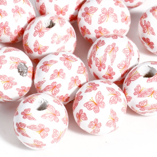 Bild von 20 Stück Holz Ostertag Zwischenperlen Spacer Perlen für die Herstellung von DIY-Charme-Schmuck Rund Weiß Schmetterling Muster, ca. 16mm D., Loch: ca. 3.4mm