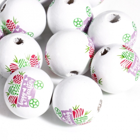 Immagine di 20 Pz Legno Pasqua Separatori Perline per la Creazione di Gioielli con Ciondoli Fai-da-te Tondo Bianco Macchina Disegno Circa: 16mm Dia, Foro: Circa 3.4mm