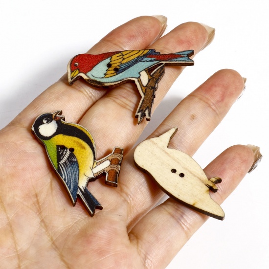 Picture of 50 PCs Wood Buttons Scrapbooking 2 Holes Bird Animal Multicolor At Random Mixed 3.7x3cm - 3.5x2.2cm