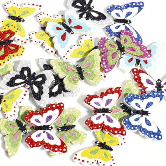Immagine di 50 Pz Legno Bottone Scrapbook Due Fori Farfalla Multicolore A Caso Misto Disegno 25mm x 18.5mm