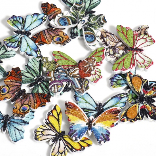 Изображение 50 ШТ Деревянные Пуговицы Скрапбукинг С двумя отверстиями Бабочка Разноцветный В случайном смешанном 25мм x 18.5мм