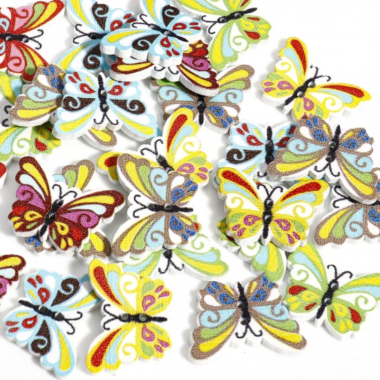 Изображение 50 ШТ Деревянные Пуговицы Скрапбукинг С двумя отверстиями Бабочка Разноцветный В случайном смешанном 24мм x 17мм