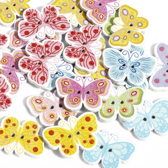 Immagine di 50 Pz Legno Bottone Scrapbook Due Fori Farfalla Multicolore A Caso Misto Disegno 25mm x 17mm