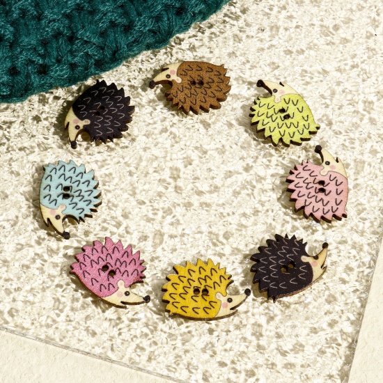 Picture of 50 PCs Wood Buttons Scrapbooking 2 Holes Hedgehog Multicolor At Random Mixed 25mm x 18mm