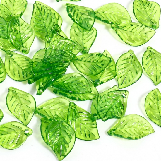 Picture of 100 PCs Acrylic Charms Leaf Green Transparent 17mm x 11mm