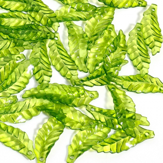 Picture of 100 PCs Acrylic Charms Leaf Green Transparent 29mm x 10mm