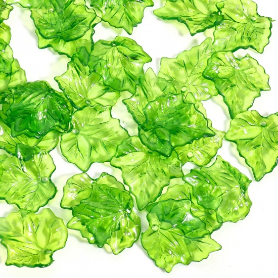 Picture of 100 PCs Acrylic Charms Leaf Green Transparent 24mm x 23mm