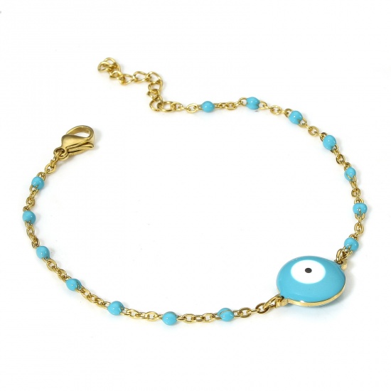 Picture of 1 Piece 304 Stainless Steel Link Cable Chain Bracelets 18K Gold Color Green Blue Evil Eye Enamel 18.5cm(7 2/8") long