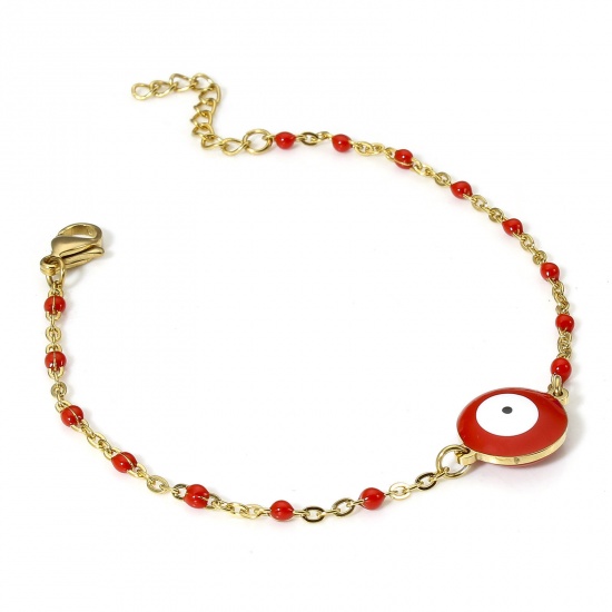 Picture of 1 Piece 304 Stainless Steel Link Cable Chain Bracelets 18K Gold Color Red Evil Eye Enamel 18.5cm(7 2/8") long
