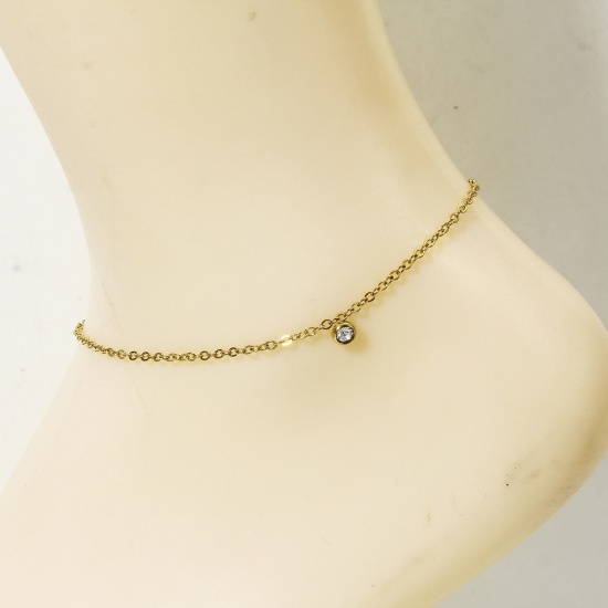 Picture of 1 Piece 304 Stainless Steel Link Cable Chain Anklet 18K Gold Color Round Clear Rhinestone 22cm(8 5/8") long