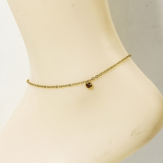 Picture of 1 Piece 304 Stainless Steel Link Cable Chain Anklet 18K Gold Color Round Champagne Rhinestone 22cm(8 5/8") long