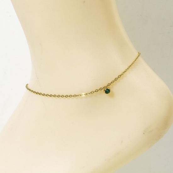 Picture of 1 Piece 304 Stainless Steel Link Cable Chain Anklet 18K Gold Color Round Deep Green Rhinestone 22cm(8 5/8") long