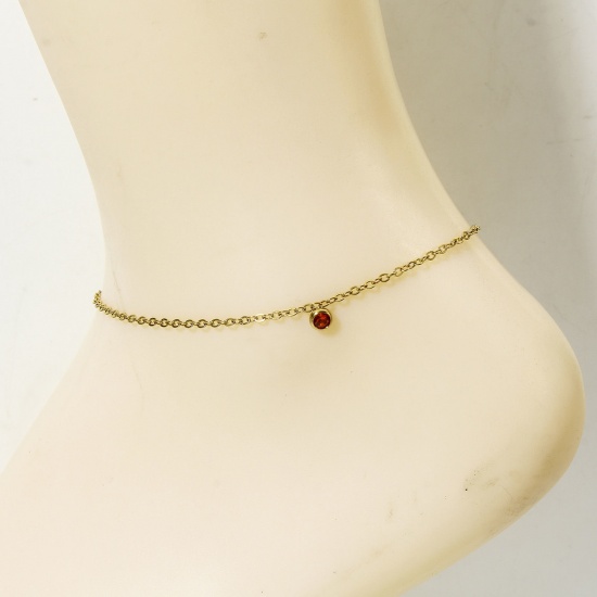 Picture of 1 Piece 304 Stainless Steel Link Cable Chain Anklet 18K Gold Color Round Orange-red Rhinestone 22cm(8 5/8") long