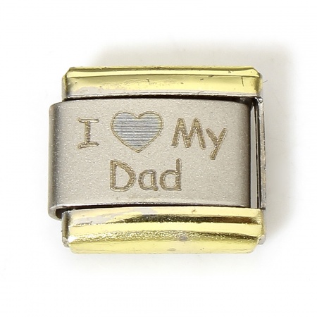 Picture of 2 PCs 304 Stainless Steel Italian Charm Links For DIY Bracelet Jewelry Making Silver Tone Rectangle Message " I Love My Dad " Corrosion 10mm x 9mm