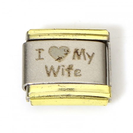 Picture of 2 PCs 304 Stainless Steel Italian Charm Links For DIY Bracelet Jewelry Making Silver Tone Rectangle Message " I love my wife " Corrosion 10mm x 9mm