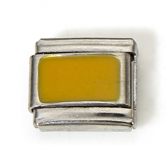 Picture of 2 PCs 304 Stainless Steel Italian Charm Links For DIY Bracelet Jewelry Making Silver Tone Yellow Rectangle Enamel 10mm x 9mm