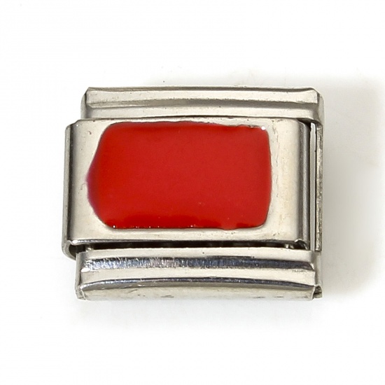 Image de 2 PCs 304 Stainless Steel Italian Charm Links For DIY Bracelet Jewelry Making Silver Tone Red Rectangle Enamel 10mm x 9mm