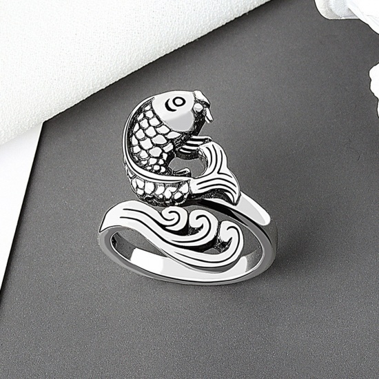 Picture of 1 Piece Brass Retro Open Adjustable Knitting Crochet Loop Yarn Guide Finger Ring Fish Animal Auspicious clouds Antique Silver Color 17mm(US Size 6.5)
