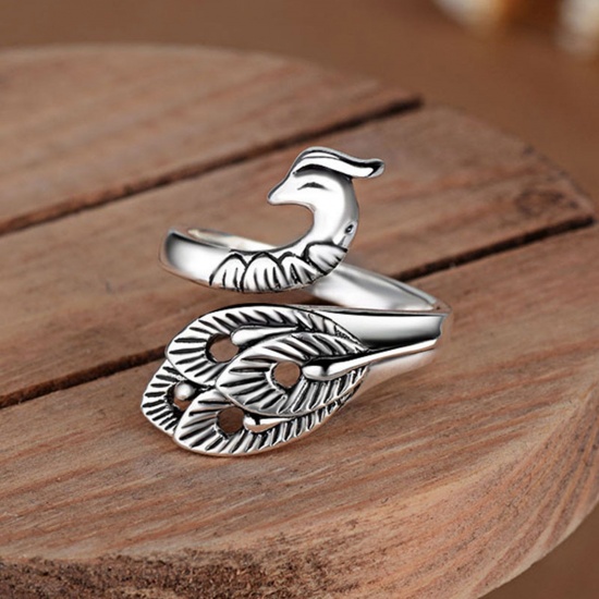 Picture of 1 Piece Brass Retro Open Adjustable Knitting Crochet Loop Yarn Guide Finger Ring Bird Animal Antique Silver Color 17mm(US Size 6.5)